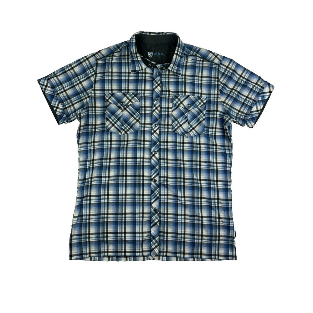 KUHL Eluxur Pearl Snap Shirt Mens Size M Medium Blue Plaid Short Sleeve Gorecore